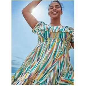 Torrid Cold Shoulder Smocked Mini Dress Multicolor Ikat Stripe Ruffle Size 3